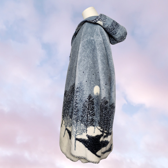 Vtg 90s Fuzzy Comfy Soft Winter Snow Night AOP Blue White Hooded Coat Sz 1X - Picture 3 of 9